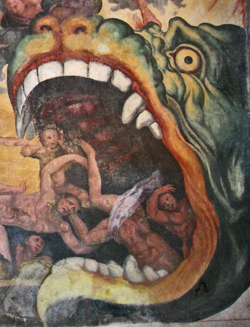 Giacomo Rossignolo, Leviatán en el fresco El juicio final, 1570_80, Madonna dei Boschi, Boves